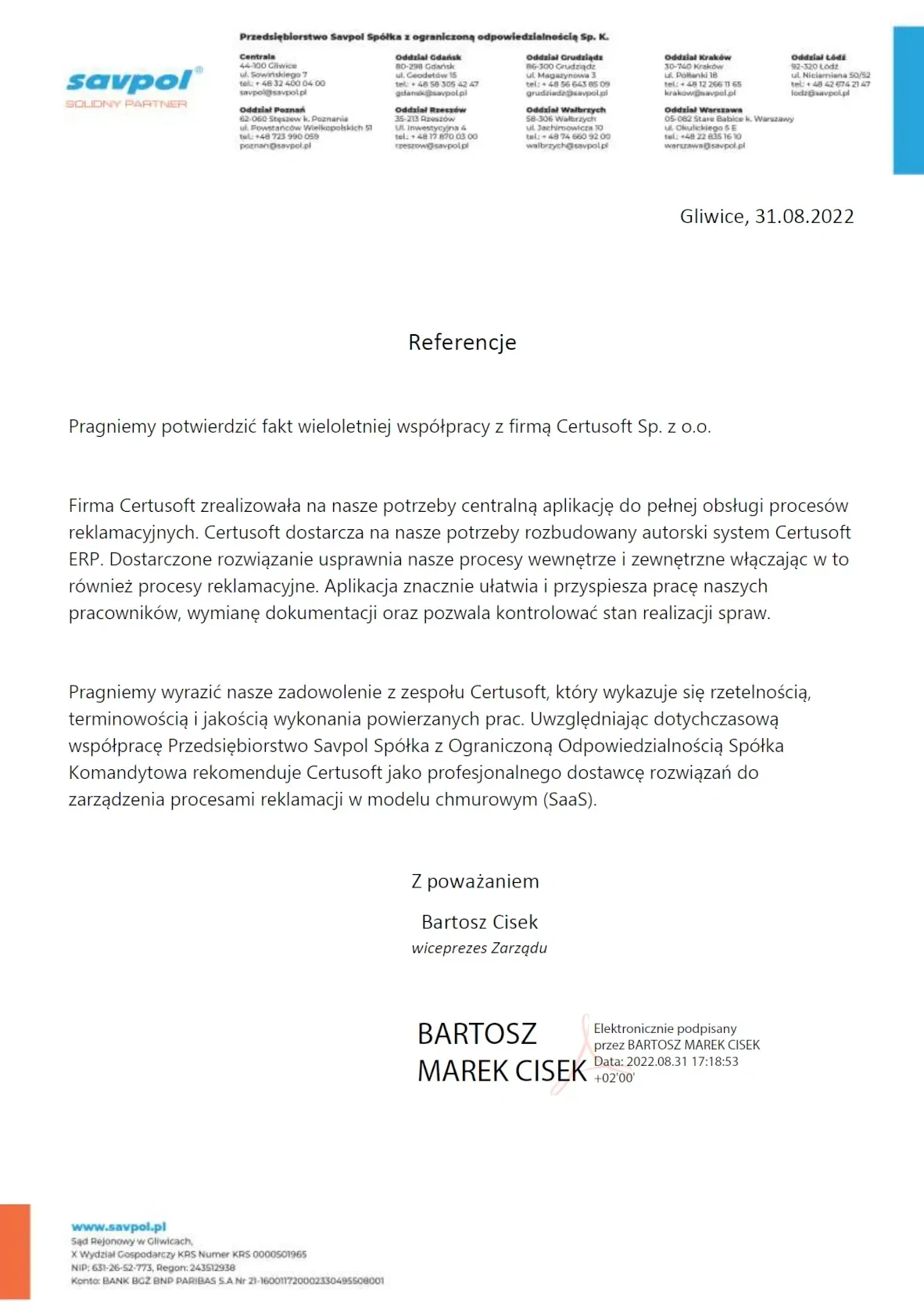 Przedsiębiorstwo Savpol Spółka z ograniczoną odpowiedzialnością Sp. K.