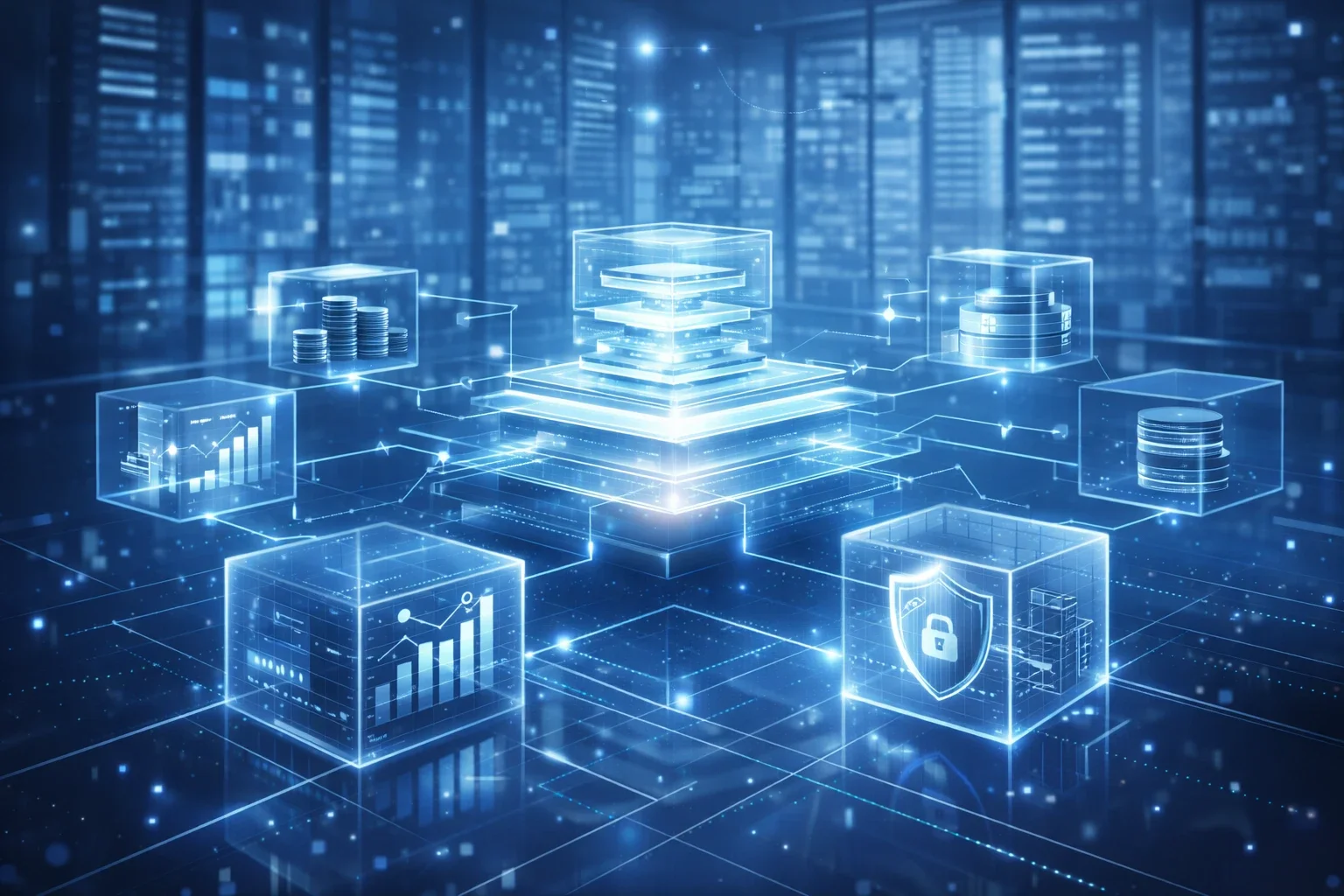 Grafika prezentująca obsługę procesów end-to-end - portfele inwestycyjne, zlecenia, controlling i raportowanie w jednym środowisku.