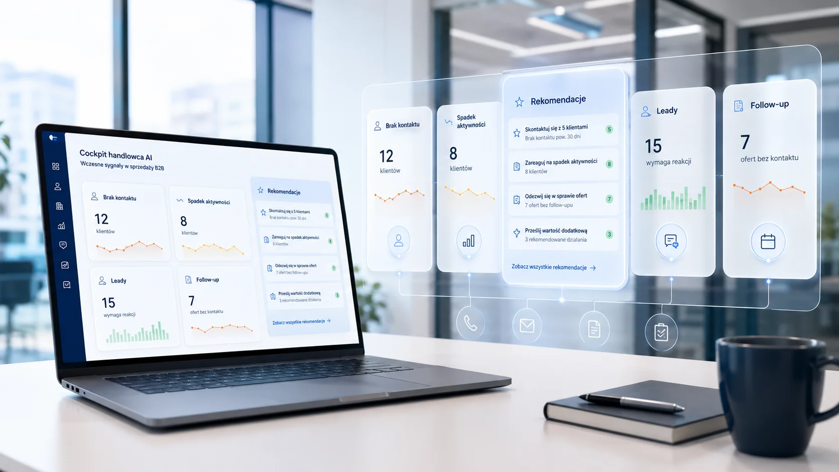 AI jako system wczesnych sygnałów w sprzedaży - klient bez kontaktu, spadek aktywności, oferta bez follow-upu, lead do reakcji, rekomendacja działania