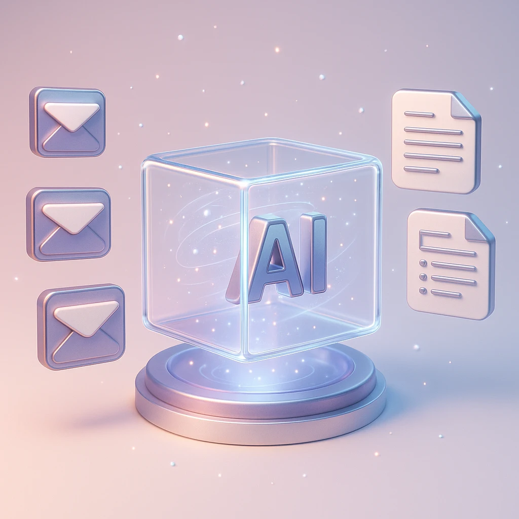 Grafika prezentuje symboliczną AI „czytająca” strumień maili i przetwarzająca je na oferty.