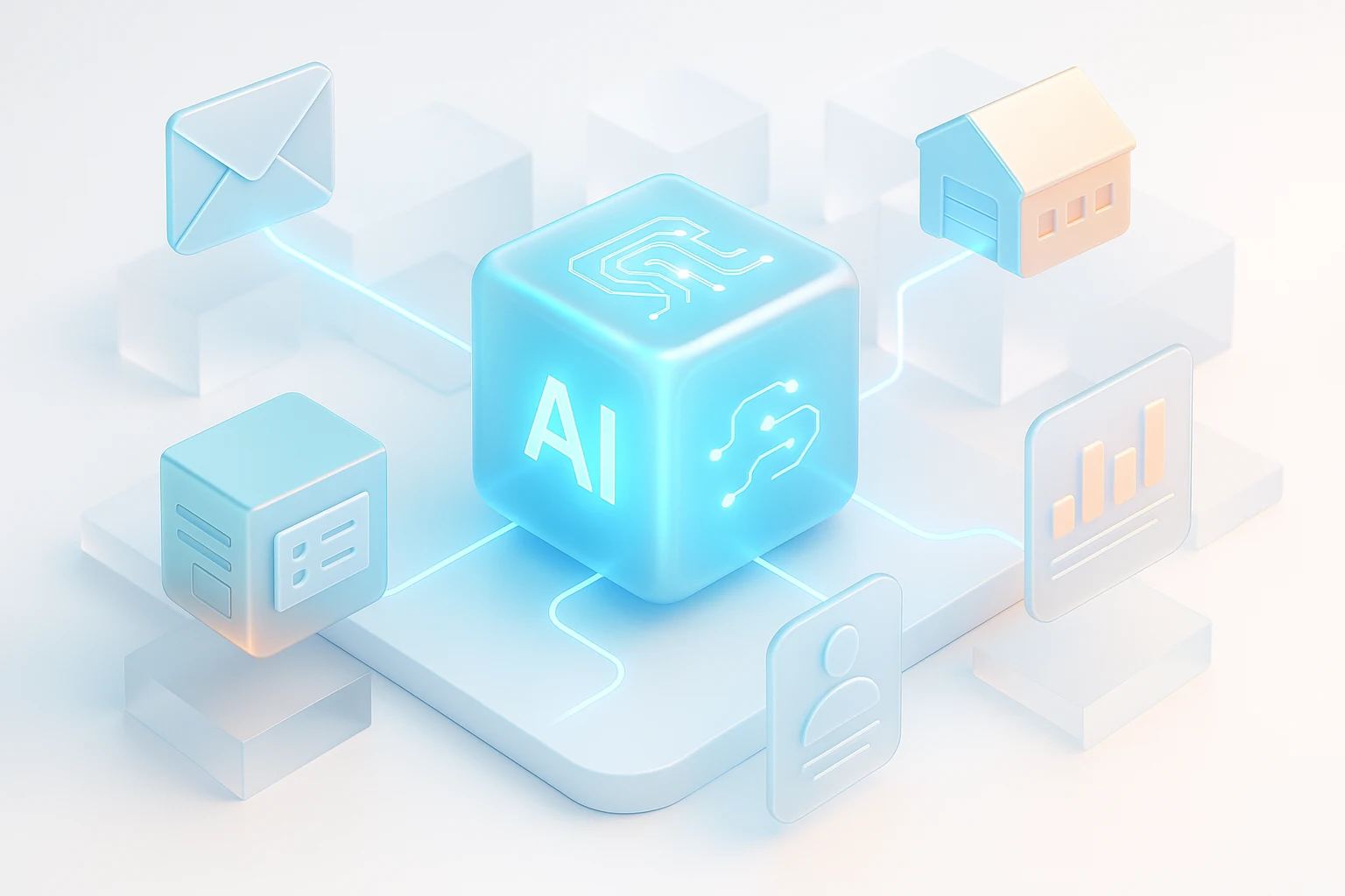 Grafika prezentuje centralny blok „AI Assistant” i otaczające go elementy handlu: lista produktów, klient, wiadomości e-mail, wykresy, magazyn.