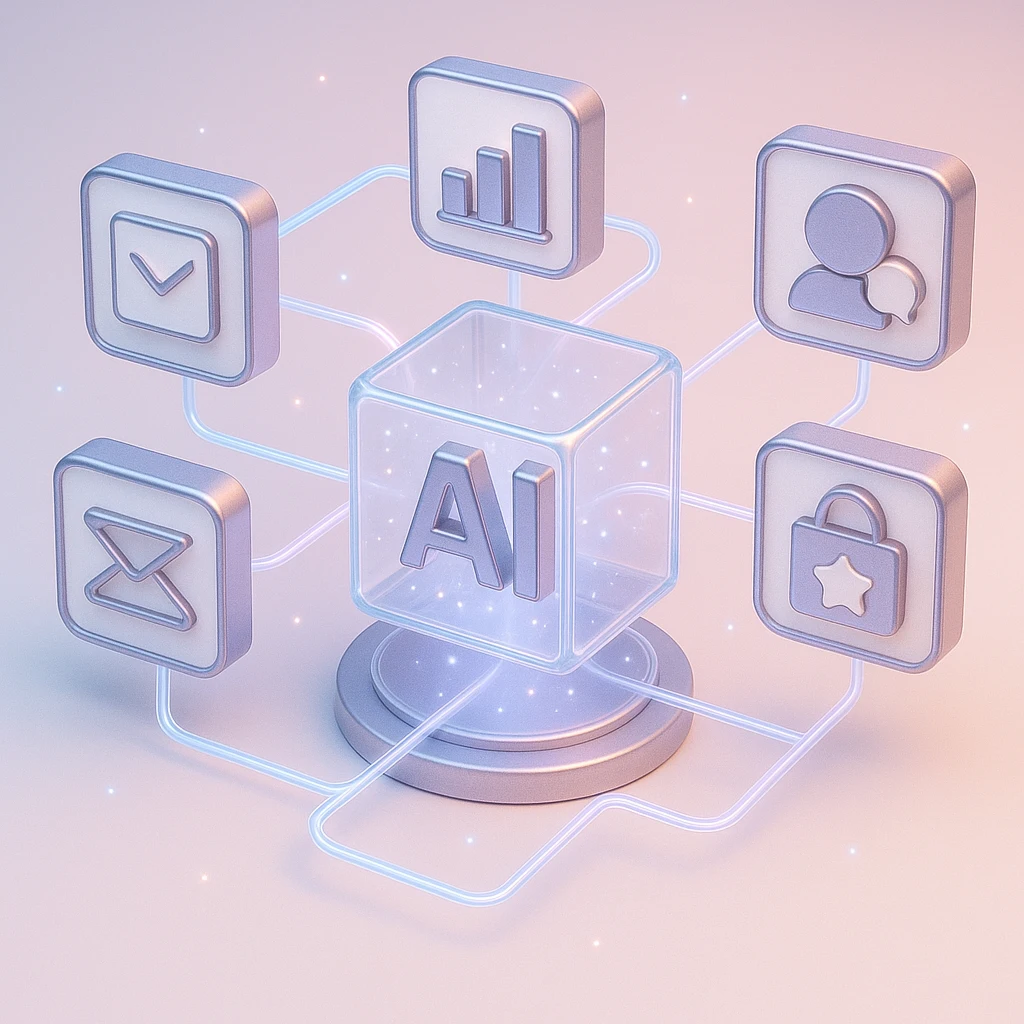 Mapa procesów połączonych liniami, reprezentowanych jako kolorowe bloki w centrum których jest AI.