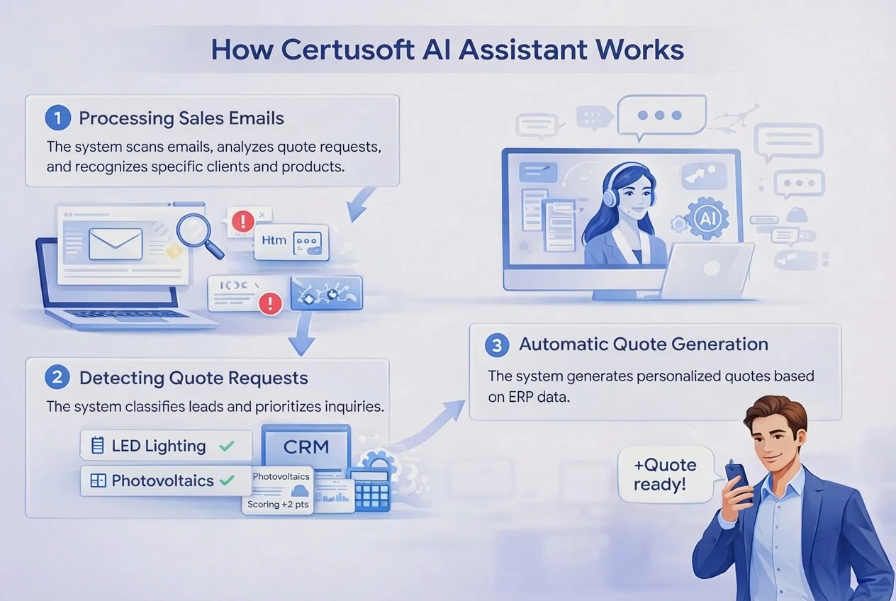 Diagram illustrating the process of the Certusoft AI assistant automatically generating quotes in 3 steps.