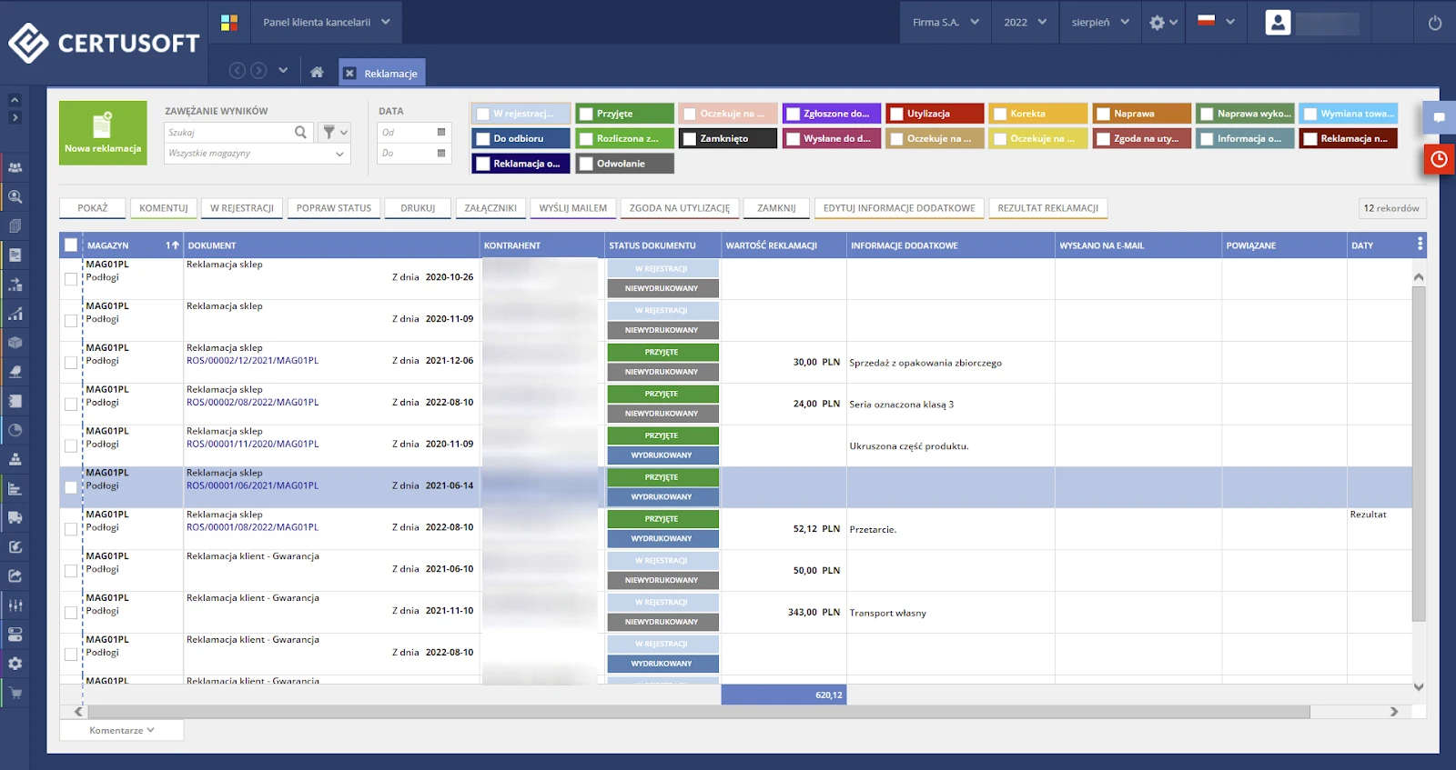 Główne okno systemu obsługi reklamacji
