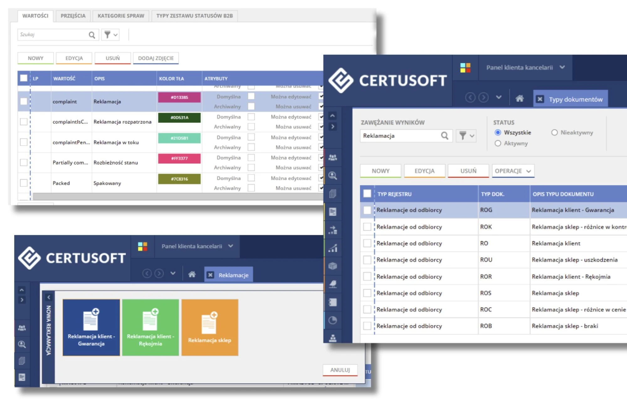 Zrzuty ekranu z aplikacji do obsługi reklamacji z widocznymi polami statusu