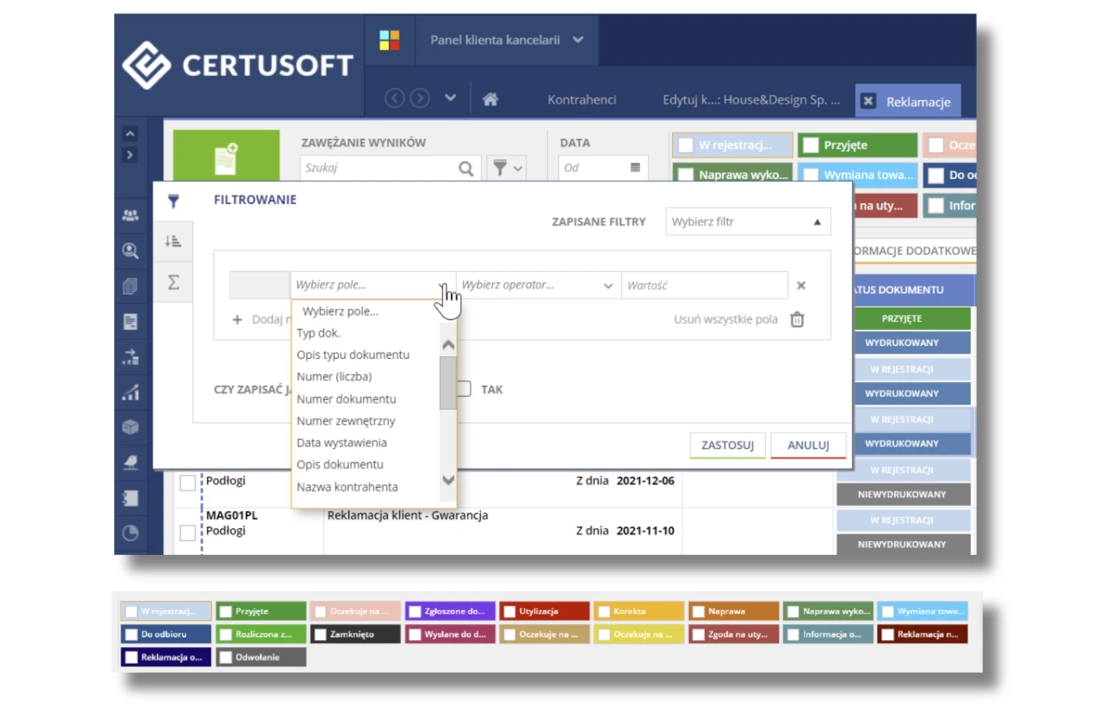 Panel klienta modułu reklamacyjnego, pokazujący opcje wyszukiwania oraz statusy